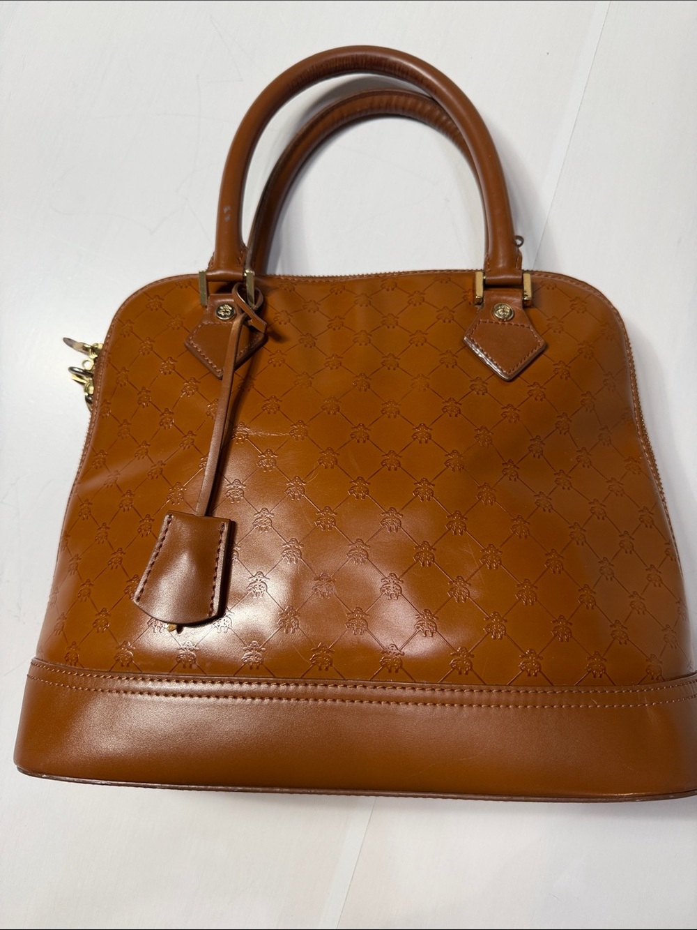 Brooks Brothers Embossed Tan Leather Logo Satchel